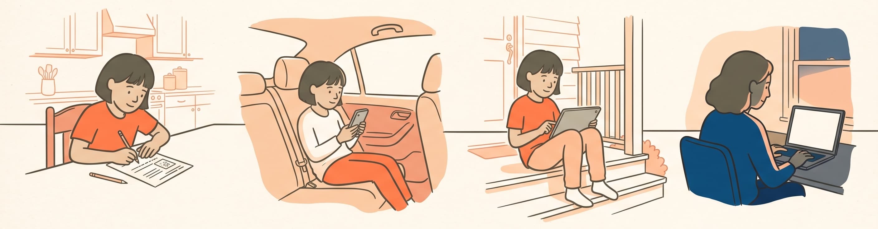 The same child practising on a printed worksheet at the kitchen table, on a phone in the car, and on a tablet on the porch steps; a parent reviews progress on a laptop in the evening.