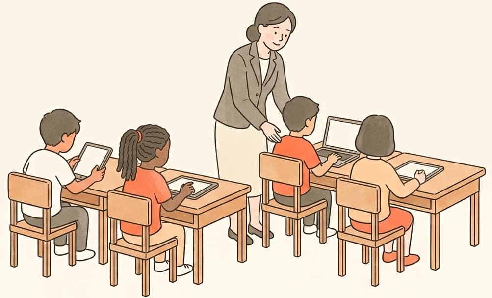 A teacher helping students practice in class